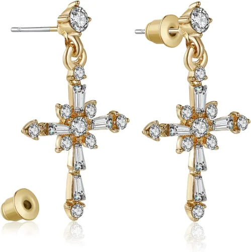 Vista 2 de KRUCKEL Aretes brillantes de cruz de Cristo, aretes colgantes de cruz para mujer, regalos para ella, amor con esposa, madre, novia, Navidad, día
