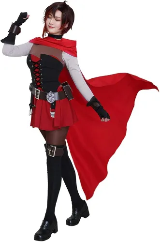 Vista 3 de miccostumes Conjunto de disfraz de cosplay de color rosa roja con capa y cinturones para mujer