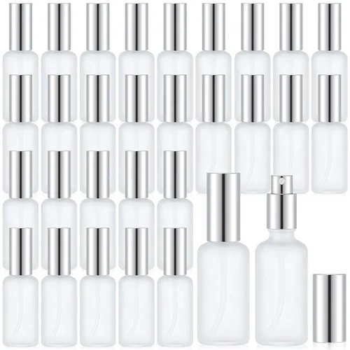 Vista 20 de Roshtia 30 botellas vacías decorativas transparentes de 0.33 onzas fluidas de color madera de haya con atomizador de perfume recargable, con bomba