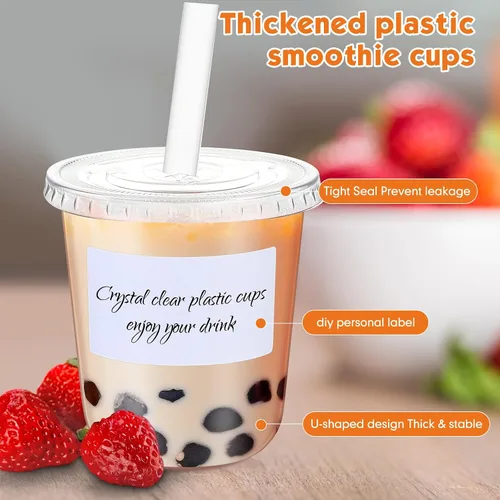 Vista 4 de Ziliny 25 juegos de vasos de plástico transparente con tapas, pajitas y pegatinas, vasos desechables de PET engrosado para café helado, té