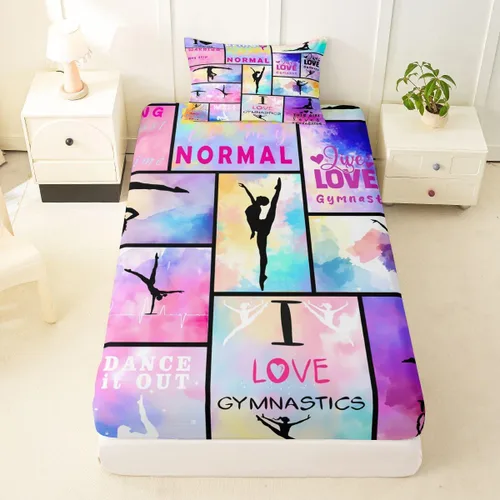 Vista 14 de Sábana bajera ajustable de ballet para niñas, juego de ropa de cama de ballet para danza de ballet, sábanas de cama con rayas geométricas onduladas