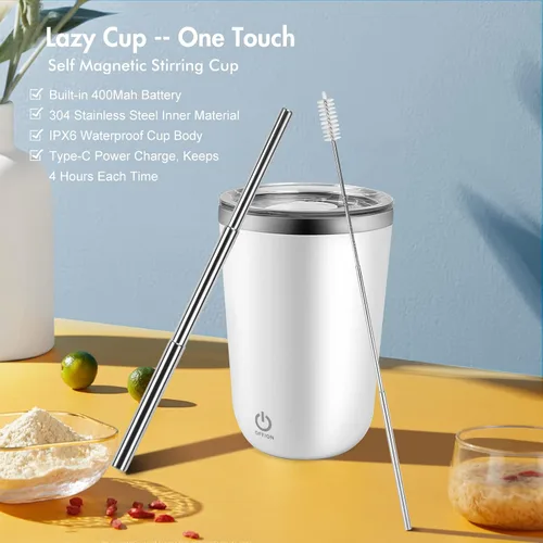 Vista 3 de Beyoung Taza mezcladora eléctrica portátil de 12 onzas, taza de café de viaje de acero inoxidable con tapa a prueba de fugas, vaso mezclador Blanco