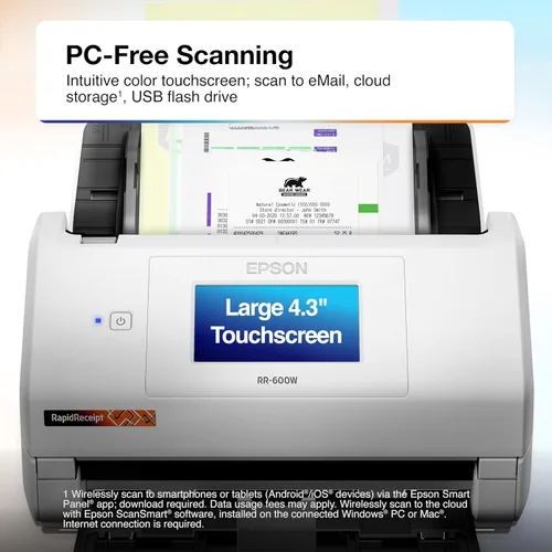 Vista 5 de Epson RapidReceipt RR-600W - Escáner inalámbrico de escritorio a color de 2 lados para recibos y documentos con software ScanSmart AI PRO