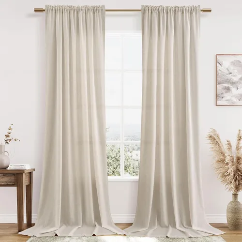 Vista 94 de Cortinas de lino verde aguamarina de 84 pulgadas de largo, juego de 2 paneles semitransparentes con bolsillo para barra para comedor, decoración