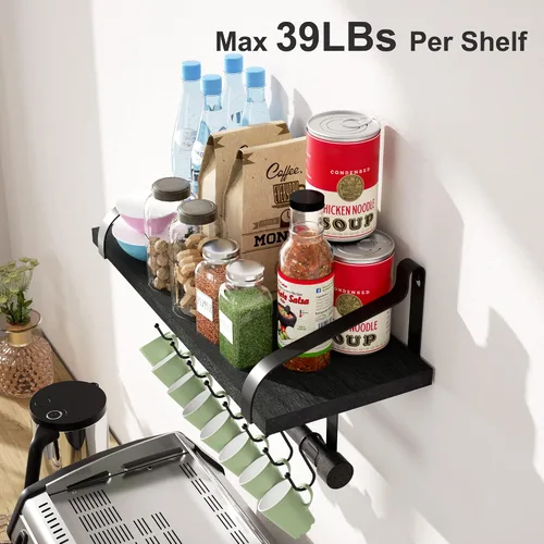 Vista 4 de Love-KANKEI Estantes flotantes para barra de café, estantes de baño con toallero, estantes de pared con 8 ganchos para cocina, juego de 2 estantes