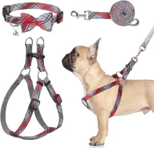 Vista 10 de Juego de arnés para perro con correa y collar de corbatín - Arnés para cachorro a cuadros beige, a prueba de escape, chaleco ajustable sin tirones