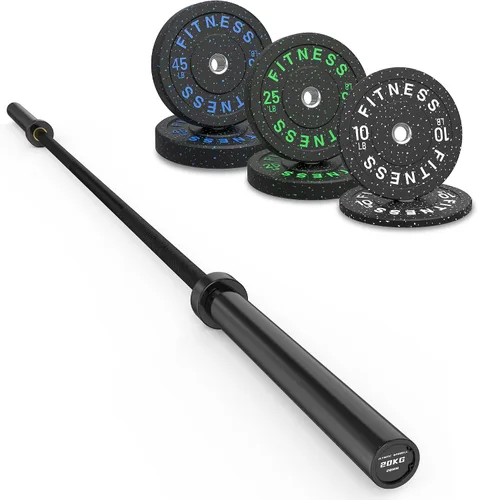 Vista 35 de Olympic Barbell Set, 2-Inch Bumper Plates with Weight Plate Rack Colored Crumb Rubber Weight Plates for Weight Lifting & Strength Training, 90–530