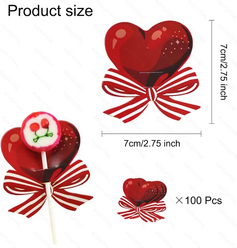 Vista 5 de AUOCATTAIL 100 tarjetas de papel de piruleta para el día de San Valentín, diseño de corazón rojo, piruleta, tarjetas de papel decoradas, tarjetas