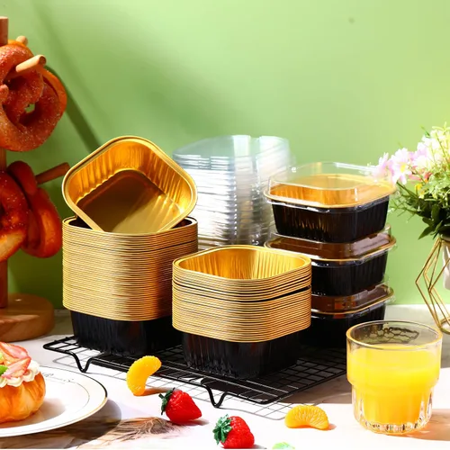 Vista 5 de Aoriher 300 piezas de moldes mini para pasteles de 10 onzas con tapas, moldes de papel de aluminio para hornear, moldes cuadrados desechables