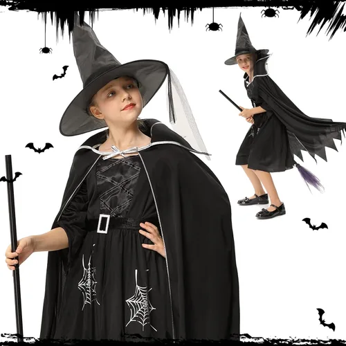 Vista 4 de Disfraz de bruja de Halloween para niñas, vestido de bruja de Halloween