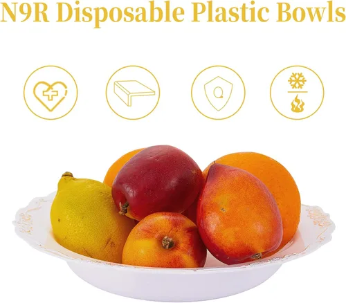 Vista 4 de N9R 30 cuencos de sopa desechables con relieve dorado, cuencos de plástico de 12 onzas para vacaciones, fiestas, bodas, catering y uso diario