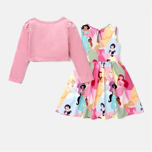 Vista 2 de Disney Conjunto de vestido y cárdigan para niñas, 2 piezas, vestido sin mangas con estampado de niña pequeña y cárdigan de manga larga