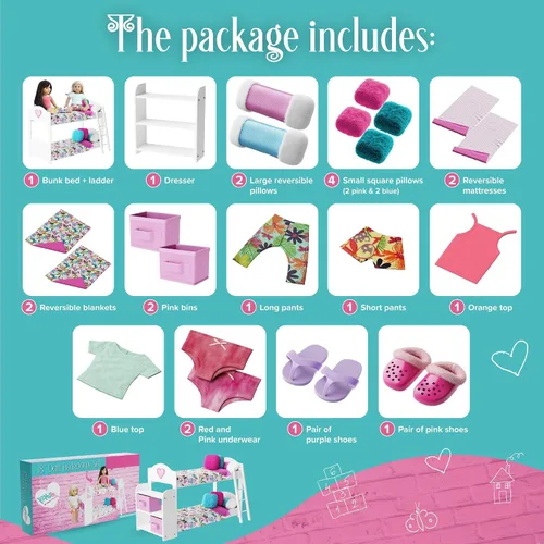 Vista 3 de Litera para muñecas, litera para muñecas de 18 pulgadas, juego de 23 piezas completo con ropa de cama, pijama y estantes, se adapta a muñecas