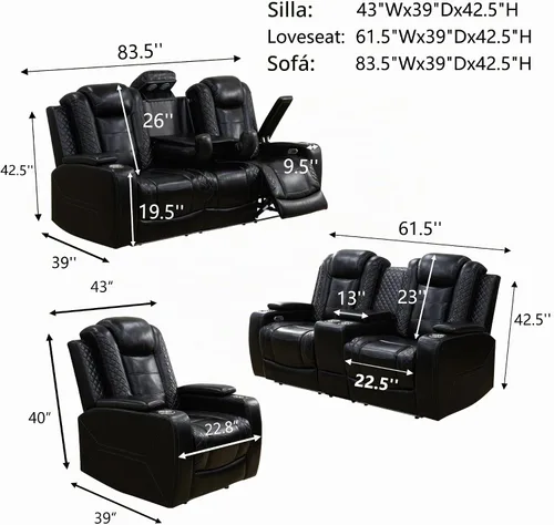 Vista 2 de Juego de sofá reclinable eléctrico de cuero con LED, juego de muebles de sala de estar, juego de sofá de cuero con puerto USB, consola