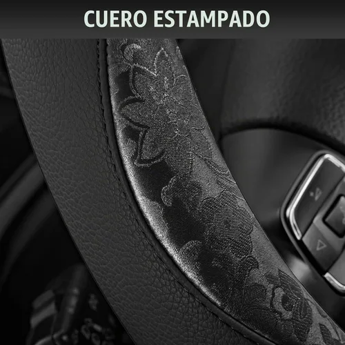 Vista 3 de PIC AUTO Funda para volante, diseño de retazos de cuero estampado negro, ajuste universal de 14.5 a 15.5 pulgadas, antideslizante, sin olor, piel