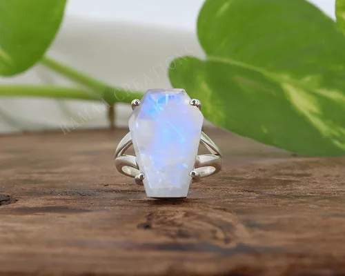 Vista 4 de Moonstone Coffin Silver Ring Natural Moonstone Sterling Silver 925 Handmade Coffin Ring Handmade Jewelry
