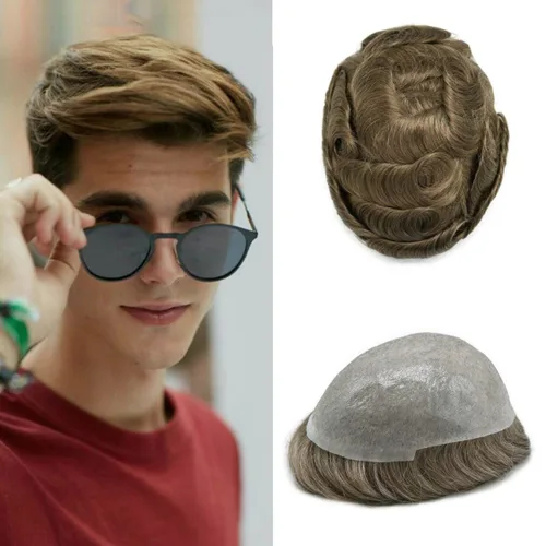 Vista 28 de Pieza de pelo para hombre, sistema de reemplazo de cabello de piel ultra fina para hombres, pieza de pelo de tupé para hombres, cabello humano real
