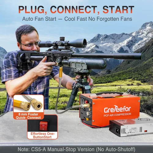 Vista 5 de Compresor de aire PCP, 4500 PSI / 30 MPa, auto de doble potencia 12 V CC o hogar 110 V/220 V CA, mango retráctil, sin agua/aceite