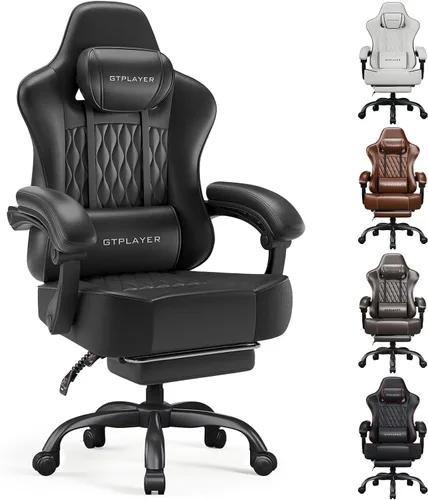 Vista 13 de GTPLAYER Silla de juegos grande y alta con reposapiés, silla de escritorio ergonómica de oficina con cojín de 4.4 pulgadas de grosor y asiento ancho