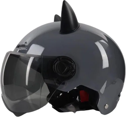 Vista 12 de Casco vintage para motocicleta para adultos, con visera solar, diseño retro con orejas de gato, casco de ciclomotor ligero abierto para hombres