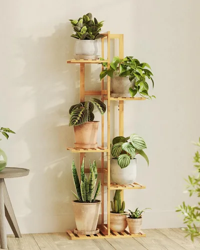 Vista 9 de Bamworld Soporte de bambú para plantas de interior con 6 niveles, estante de plantas de exterior, soporte de esquina para múltiples plantas, soporte