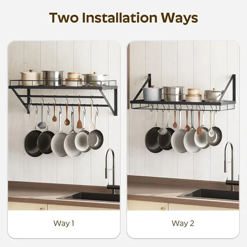 Vista 5 de YATINEY Estante para ollas, estante de pared de 30 pulgadas, organizador de ollas y sartenes de cocina con rieles colgantes de 2 niveles, 12 ganchos