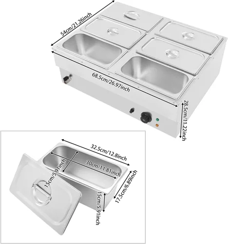 Vista 2 de Calentador de alimentos comercial, 6 sartenes de 1.77 galones/por encimera Bain Marie con tapa, temperatura ajustable (86-230℉), calentador