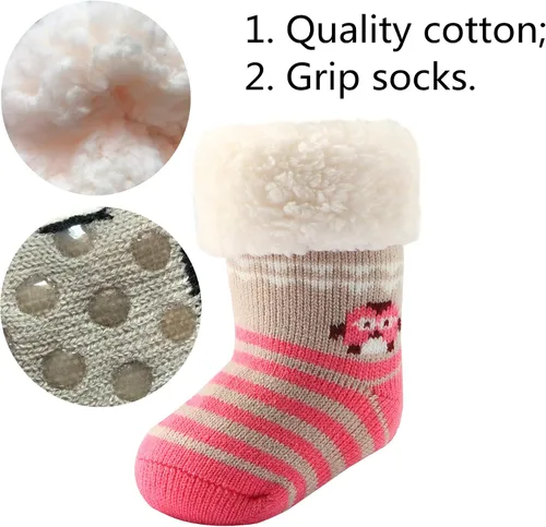 Vista 4 de 3 Pairs Toddler Girl Boy Sherpa-lined Fuzzy Socks Anti Skid with Grips, Baby Girl Boy Christmas Socks Kids Slipper Socks