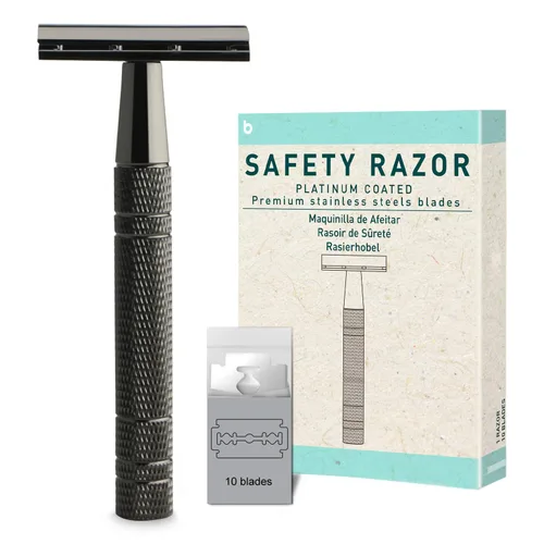 Vista 13 de Maquinilla de afeitar de seguridad azul, navajas de una sola hoja para hombres Reusable Metal Razor, with 10 Platinum Coated Double Edge Blades