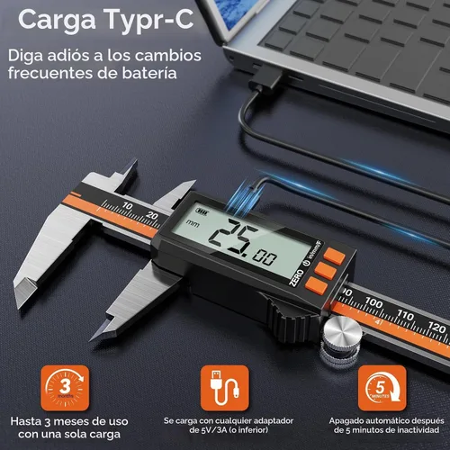 Vista 2 de Preciva Calibre Digital - Micrómetro Recargable de Acero Inoxidable con Protección IP54 Apagado Automático, Pantalla LCD Grande y Conversión