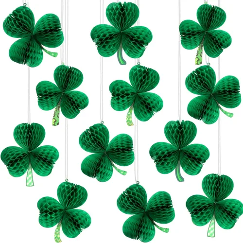 Vista 8 de Karenhi 12 piezas de decoración grande del día de San Patricio de 6.7 pulgadas, adornos de panal de abeja de trébol irlandés 3D, decoración de techo