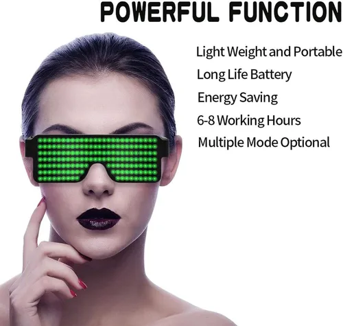 Vista 2 de Gafas LED dinámicas que brillan con luz LED recargable por USB, con luz intermitente de neón, 11 patrones, gafas luminosas