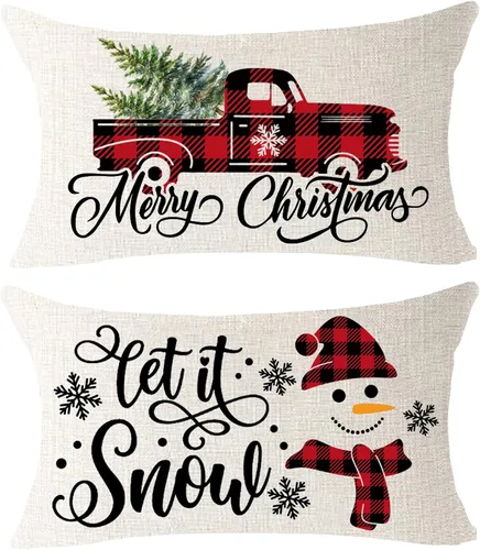 Vista 5 de ITFRO Juego de 2 fundas de almohada de algodón y lino, decoración de Navidad, decoración de pinos, árboles de pino, plantas del bosque, funda