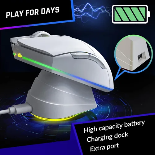 Vista 4 de KLIM Blaze Pro - Mouse inalámbrico recargable para juegos con base de carga RGB - Nuevo 2023 - Sensor de alta precisión y batería de larga duración