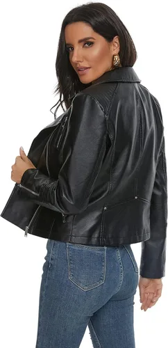 Vista 4 de Fahsyee - Chaqueta de cuero sintético para mujer, chaquetas veganas estilo motociclista