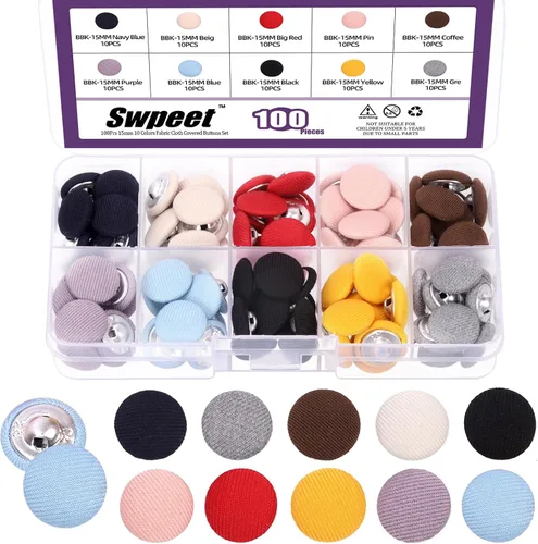 Vista 8 de Swpeet Kit surtido de 100 botones redondos de 10 colores, 0.492 in de tela cubierta de tela de tela de 0.492 in, perfecto para bodas nupciales