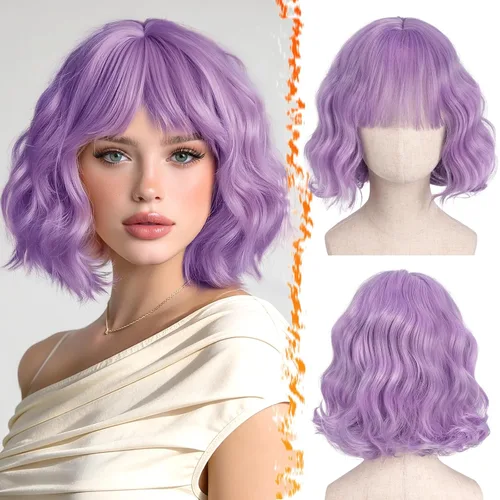 Vista 12 de BARSDAR Peluca corta ondulada con reflejos castaño, peluca corta ondulada con flequillo para mujer, gruesa, suave, sintética, texturizada, rizada