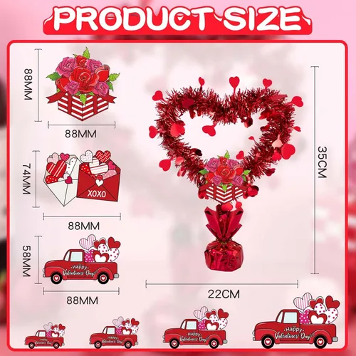 Vista 3 de Hotop 3 piezas de decoración de mesa con diseño de corazón para el día de San Valentín con tarjetas, coronas troqueladas rojas metálicas, centros