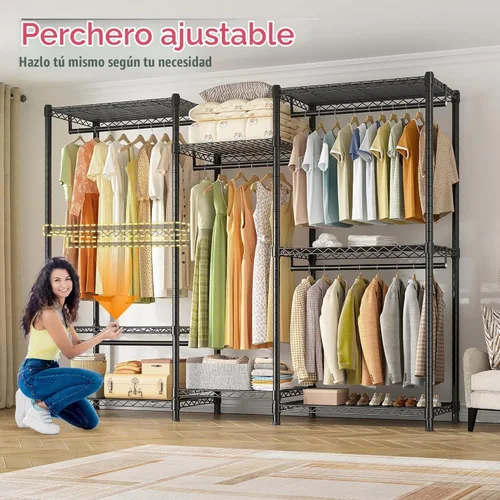 Vista 4 de Raybee Perchero de ropa con cubierta, perchereros para colgar ropa resistente, armario portátil con estantes, ajustable, carga de 905 LBS, negro