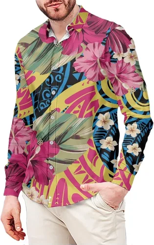 Vista 22 de Camisetas polinesias de manga larga para hombre para hombre, diseño floral de plantas tropicales, camisa con botones en la parte superior