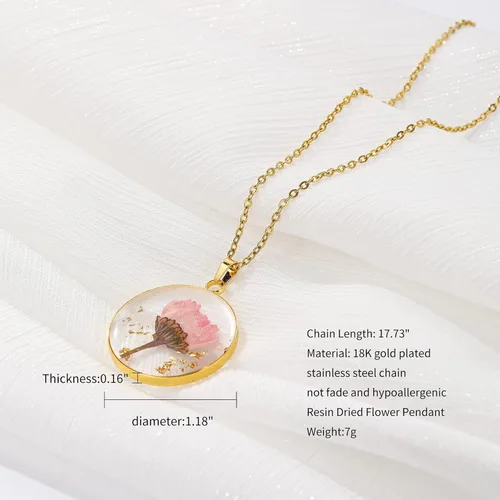 Vista 3 de BIRDAYPRE Handmade Pressed Flower Pendant Necklace Birth Flower Necklaces Round Resin Necklace for Women Girls 18K Gold Plated Chain Flower Jewelry