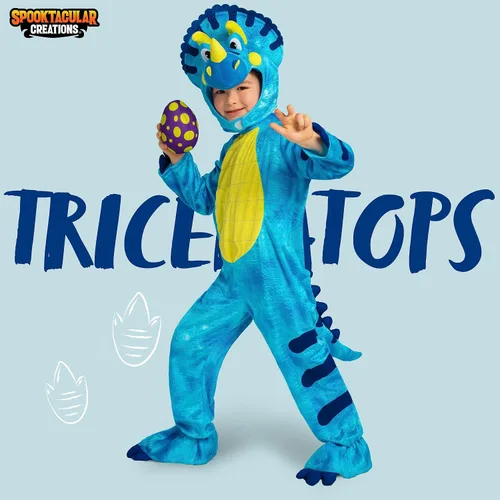 Vista 2 de Spooktacular Creations Disfraz de triceratops para niños, disfraz de dinosaurio azul con huevo de felpa para niños, bebé, niño pequeño, mono