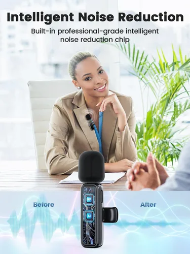 Vista 4 de Micrófonos Lavalier inalámbricos 3 en 1 para iPhone/Android/cámara, paquete de 2 mini micrófonos con pantalla LED, micrófono omnidireccional