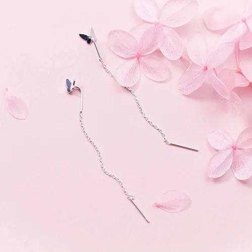 Vista 4 de Aretes colgantes minimalistas de plata de ley S925 con borla de mariposa para mujeres y niñas, lindo enhebrador simple, cadena larga, aretes