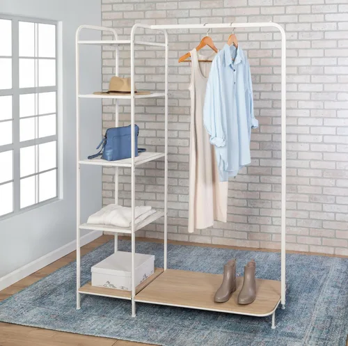 Vista 2 de Honey-Can-Do Perchero para ropa, perchero con estante de madera, independiente, fácil de montar, metal resistente, solución de almacenamiento