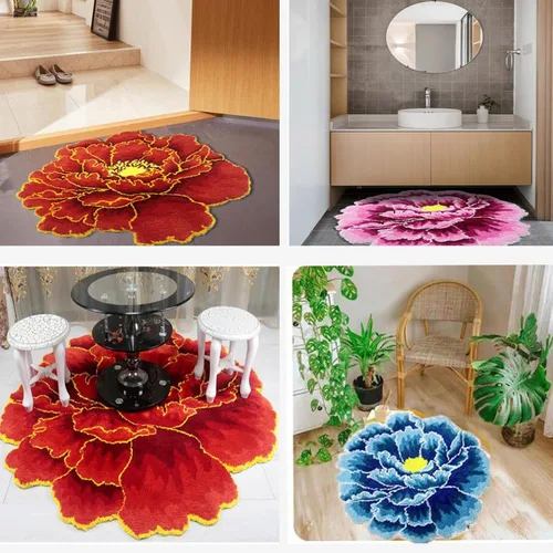 Vista 7 de HM&DX Alfombra de baño con forma de flor de peonía, tejida a mano, redonda, con forma de flor, suave, esponjosa, absorbente, tapete de baño, Azul