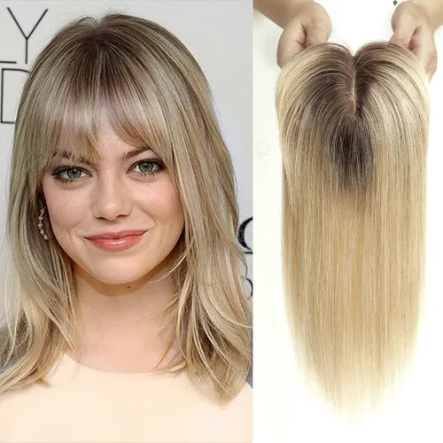 Vista 14 de HAIRCUBE Pelucas de cabello humano 100% con flequillo, densidad 150%, base de seda, clip en la parte superior, pelucas de cabello superior