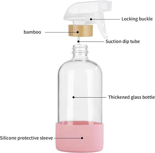 Vista 6 de HOMBYS Botellas vacías de vidrio de bambú con protección de funda de silicona, recipientes de vidrio transparente recargables de 17 onzas