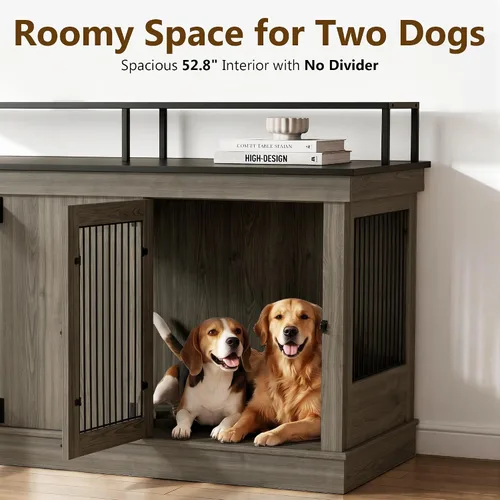 Vista 4 de MCombo Jaula de madera para perros de 57 pulgadas, soporte de TV de madera para 2 perros medianos, jaula grande con 2 puertas, mesa auxiliar