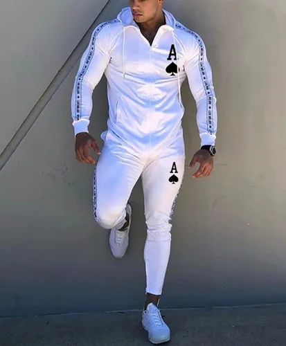 Vista 2 de Traje de manga larga con capucha para hombre de dos piezas con capucha y cremallera completa para correr, 3XL, Blanco